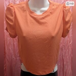 Salmon Ribbed Puff-Sleeve Crop Top